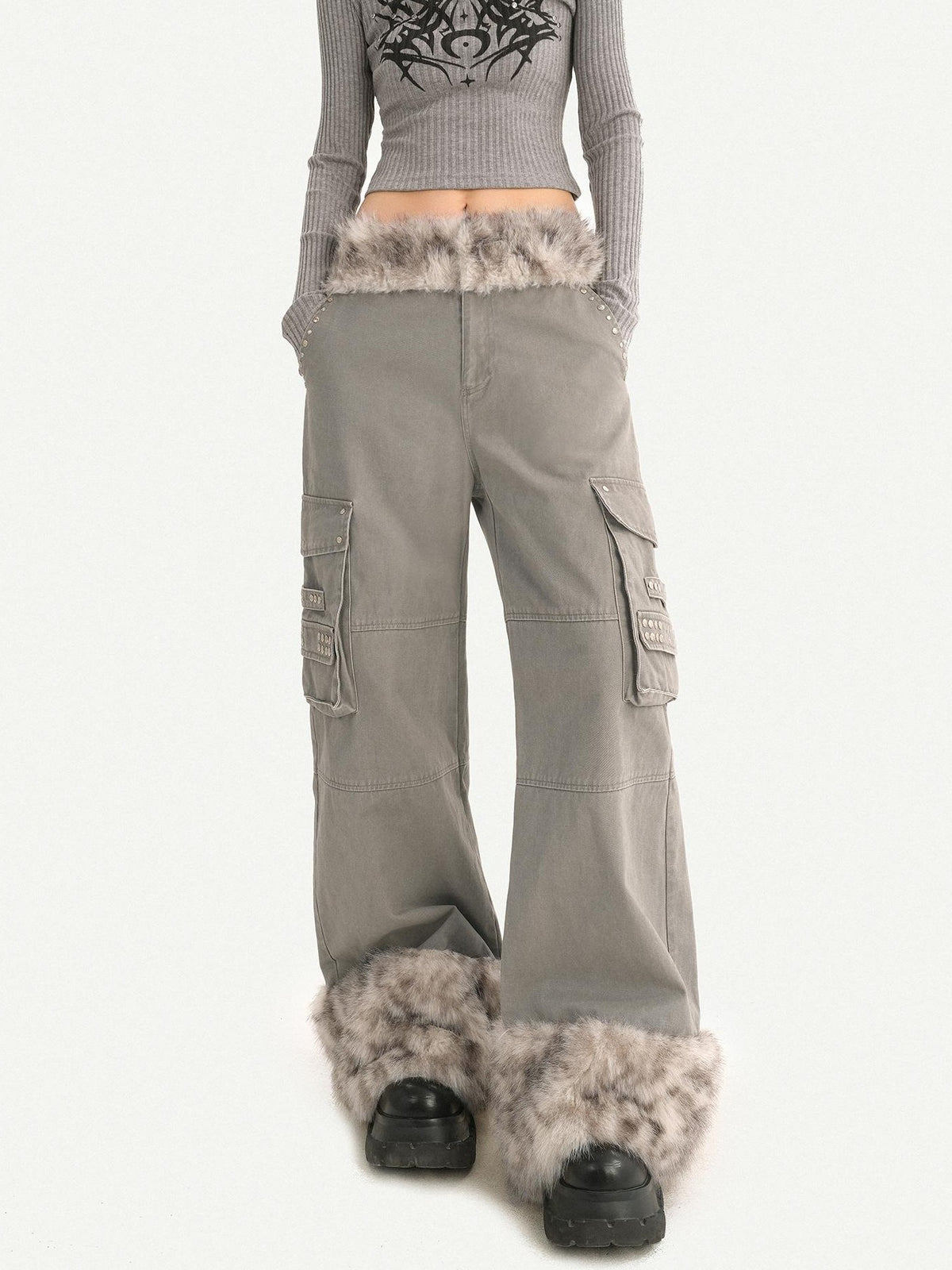 Nico Molly Leopard Print Plush Patchwork Pockets Straight Leg Women&