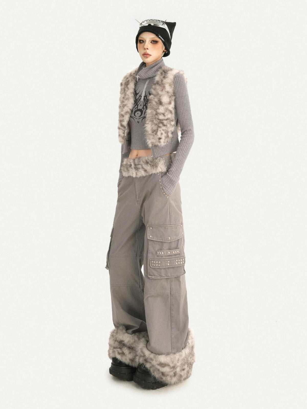 Nico Molly Leopard Print Plush Patchwork Pockets Straight Leg Women&