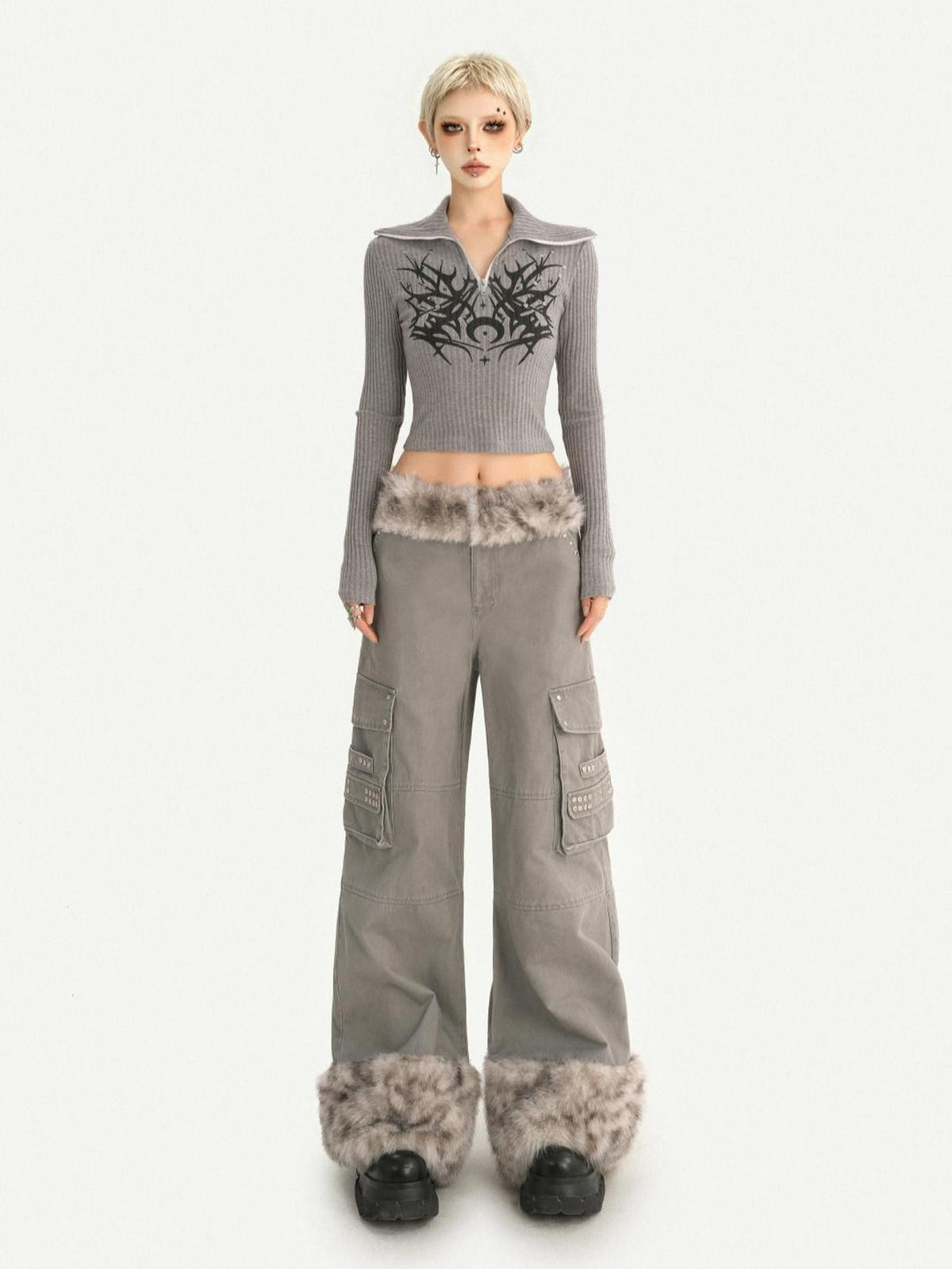 Nico Molly Leopard Print Plush Patchwork Pockets Straight Leg Women&