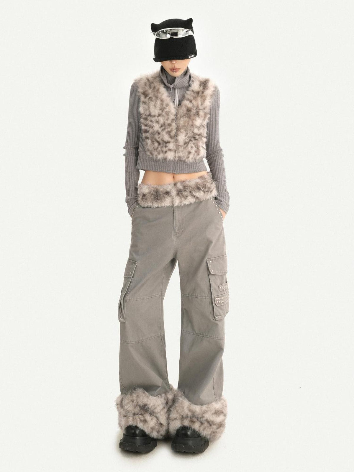 Nico Molly Leopard Print Plush Patchwork Pockets Straight Leg Women&