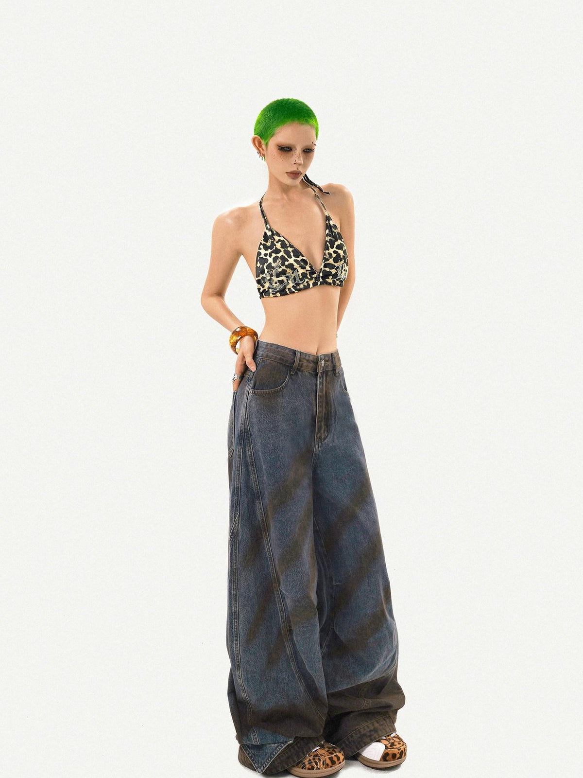 Nico Molly Leopard Print Rhinestone Halter Tie V-neck Backless Slim Women&