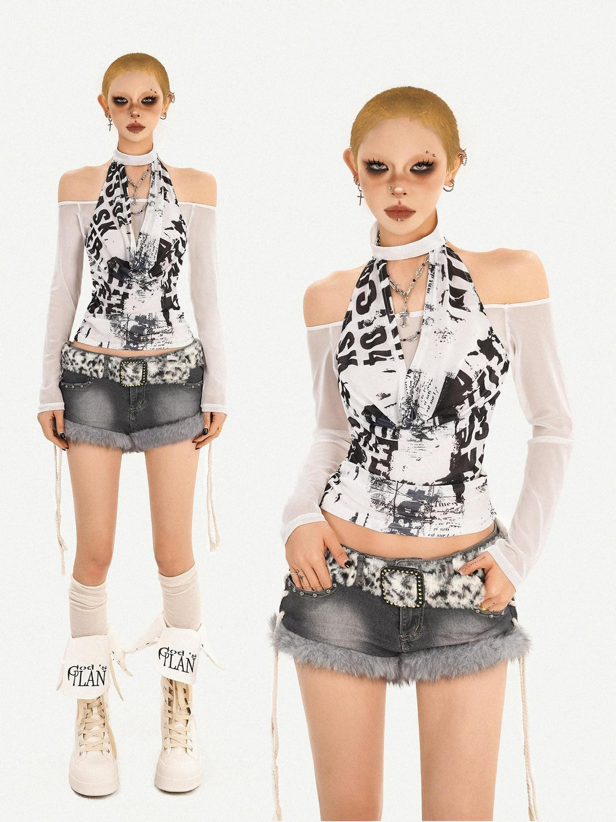 Nico Molly Mesh Halter One Shoulder Letter Print Women&