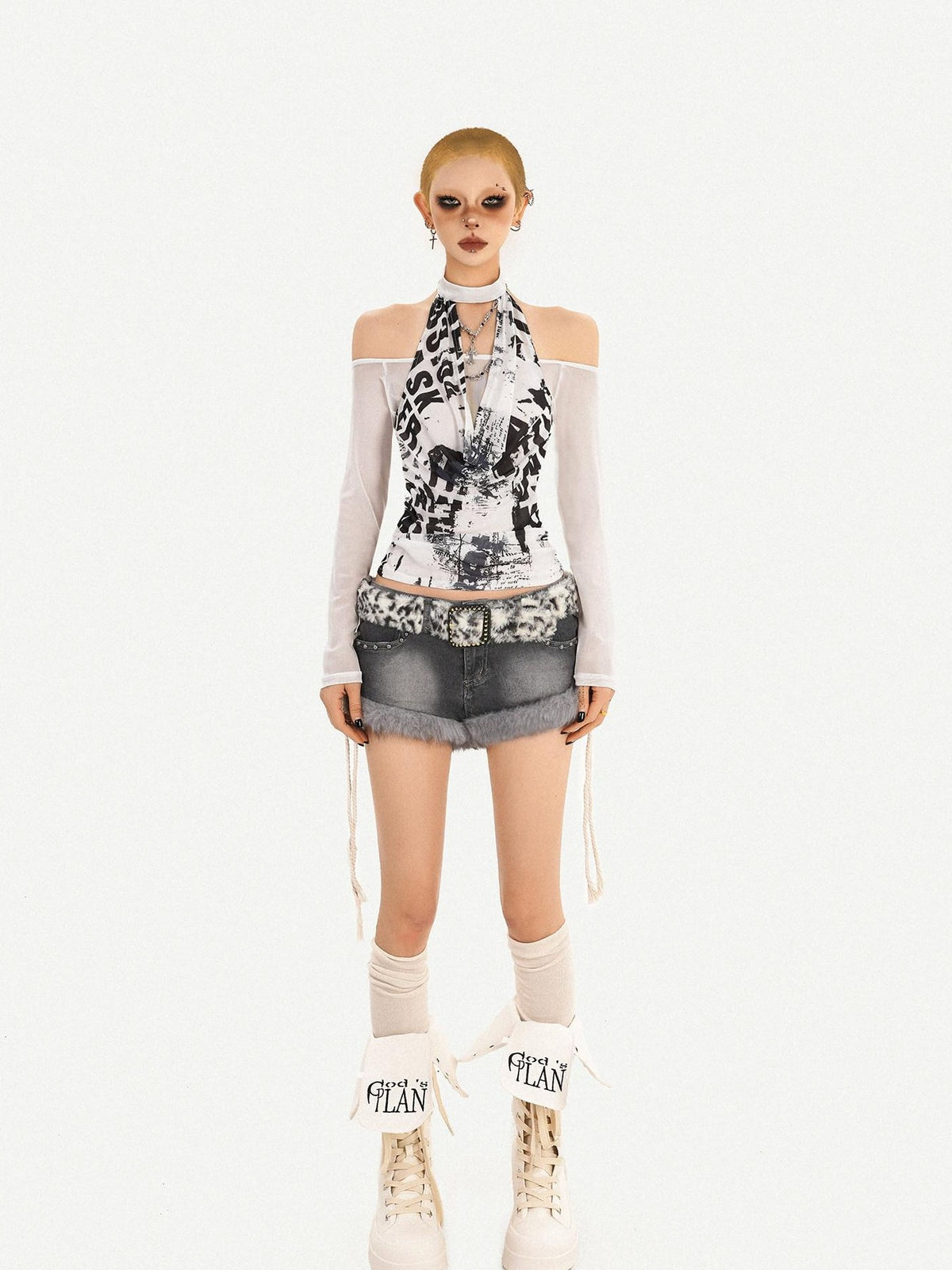 Nico Molly Mesh Halter One Shoulder Letter Print Women&