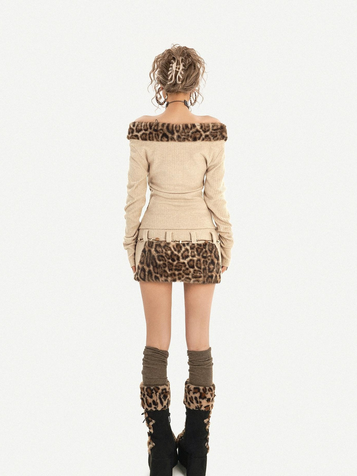 Nico Molly Oatmeal Fur Collar Cross Tie Knit Women&
