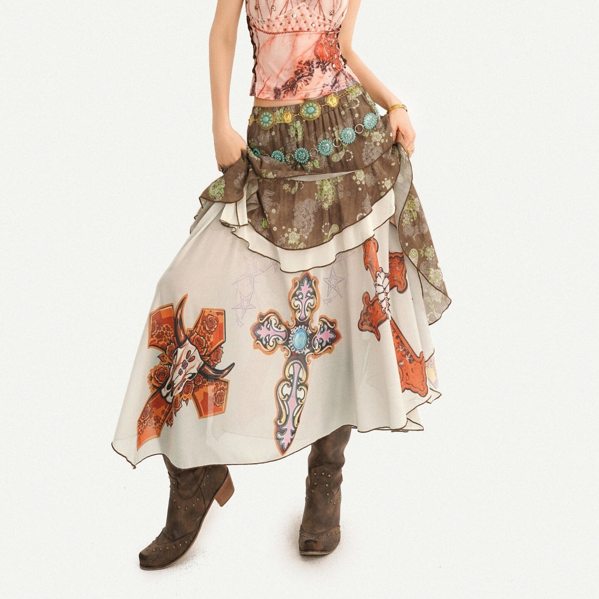 Nico_Molly_Oil_Art_Print_Ruffle_Layered_V-neck_Cami_Patchwork_Women&