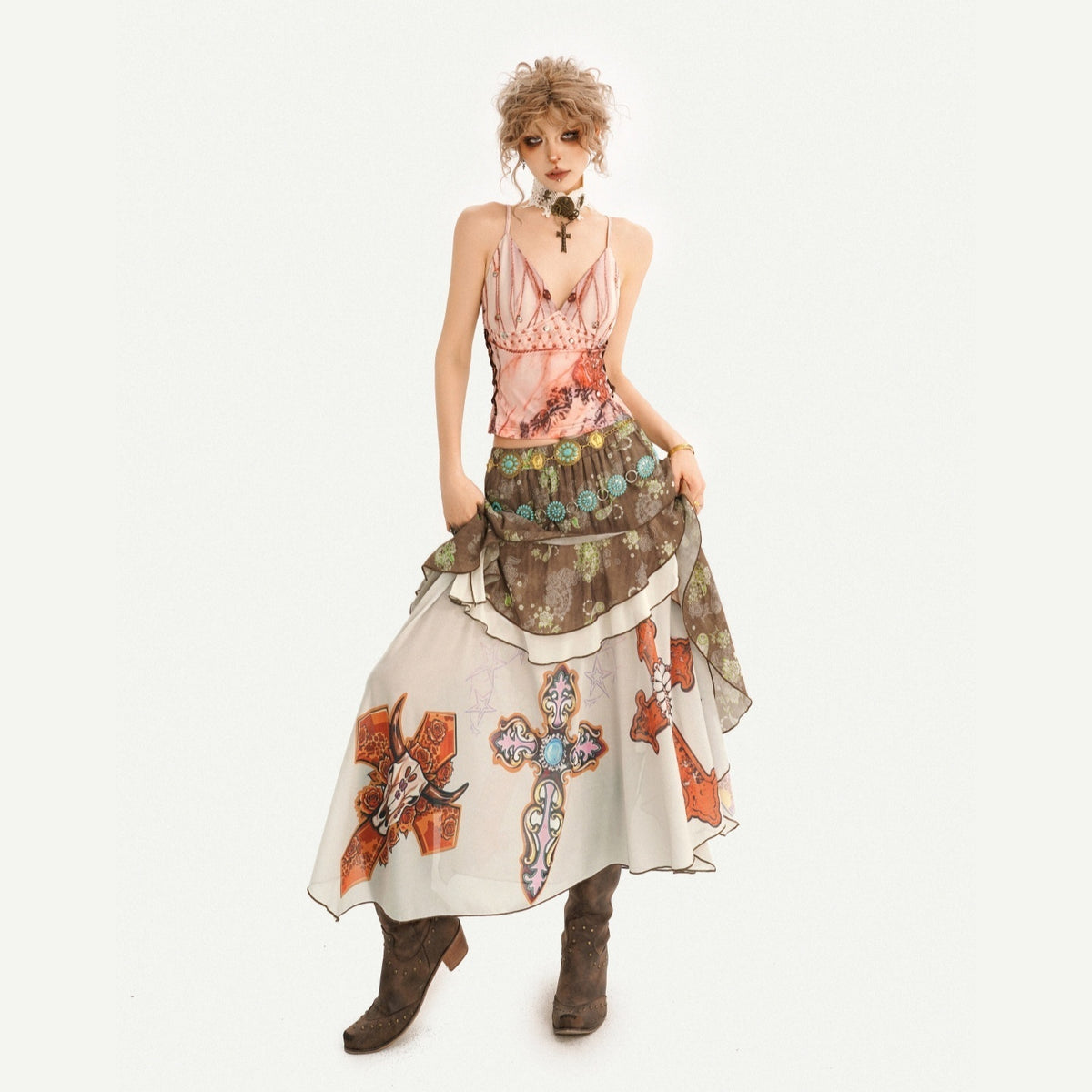 Nico_Molly_Oil_Art_Print_Ruffle_Layered_V-neck_Cami_Patchwork_Women&