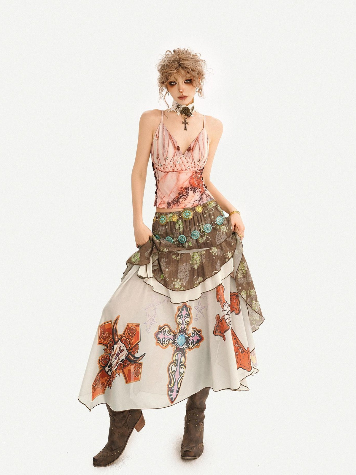 Nico Molly Oil Art Print Ruffle Layered V-neck Cami Patchwork Women&