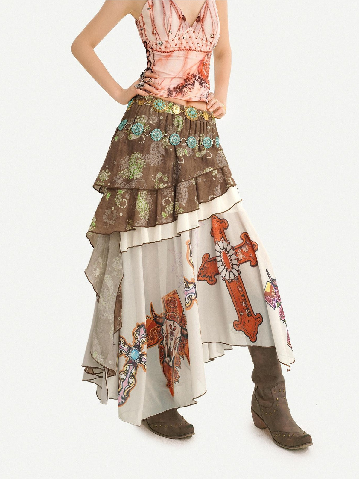 Nico Molly Oil Art Print Ruffle Layered V-neck Cami Patchwork Women&