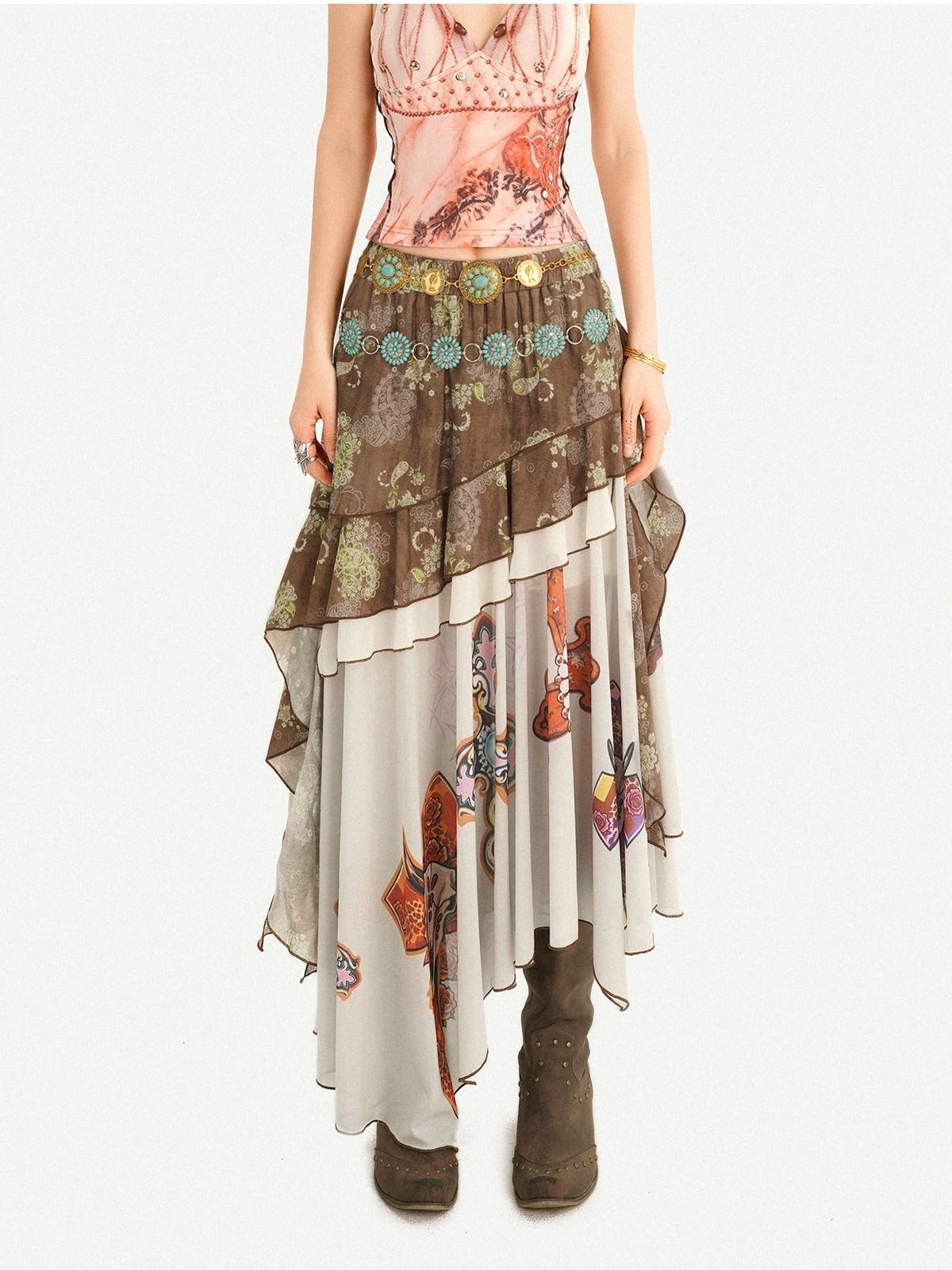 Nico Molly Oil Art Print Ruffle Layered V-neck Cami Patchwork Women&