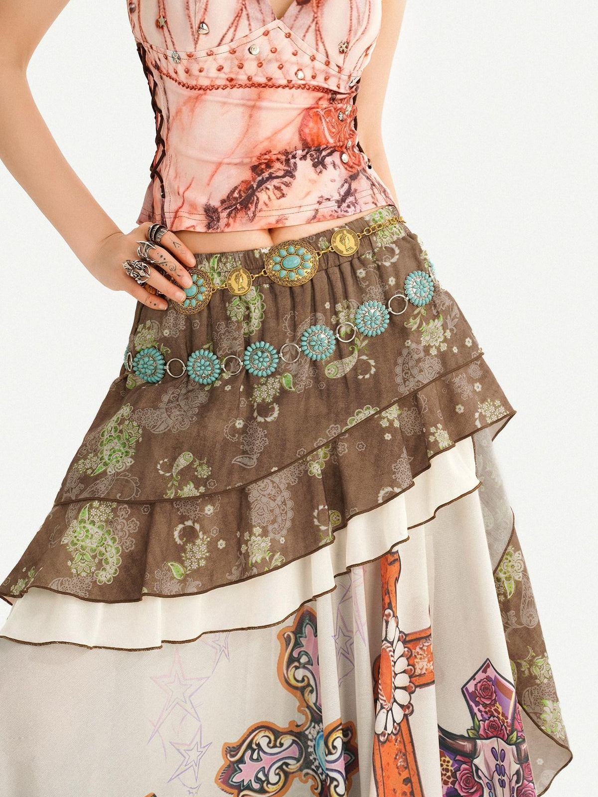 Nico Molly Oil Art Print Ruffle Layered V-neck Cami Patchwork Women&