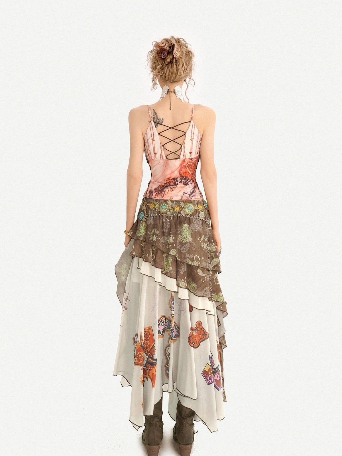 Nico Molly Oil Art Print Ruffle Layered V-neck Cami Patchwork Women&