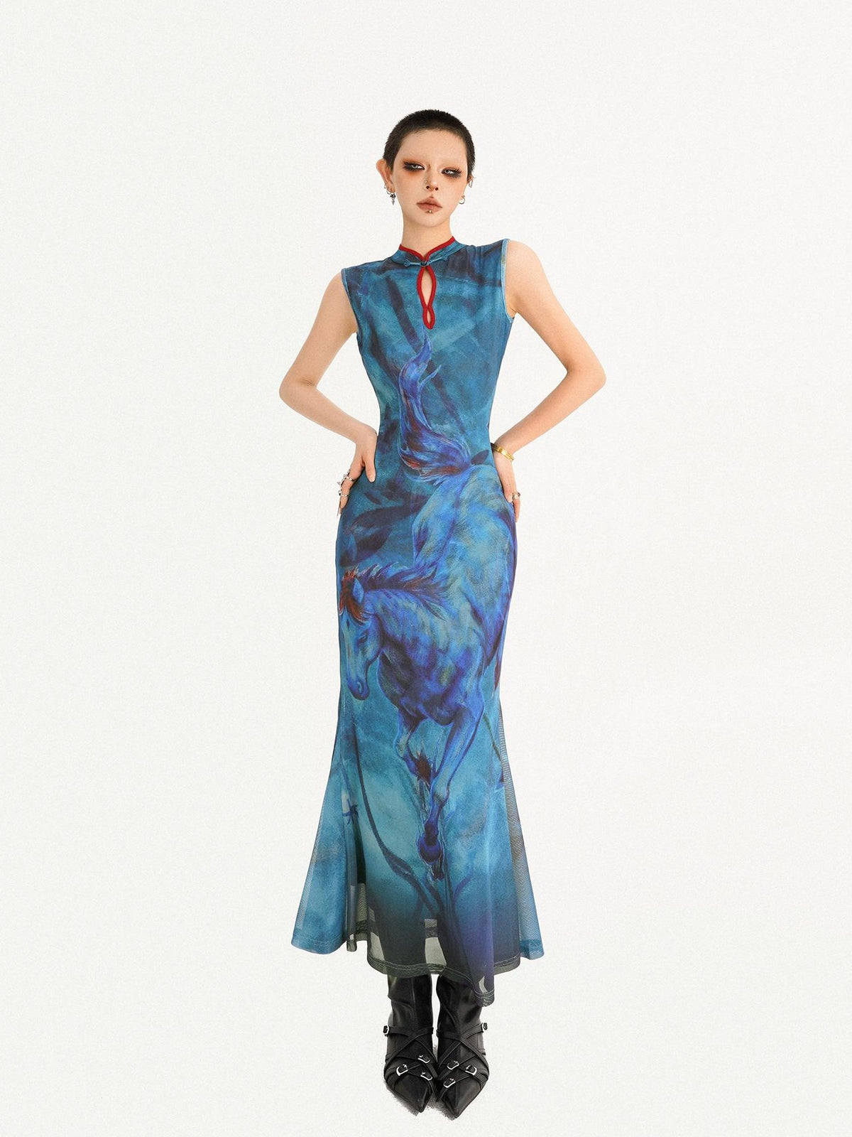 Nico Molly Oil Painting Blue Cheongsam Stand Collar Fishtail Women&