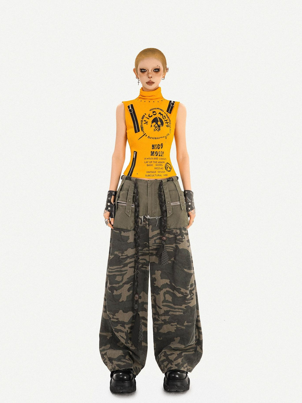 Nico Molly Orange Letter Print Zipper High Neck Slim Short Women&