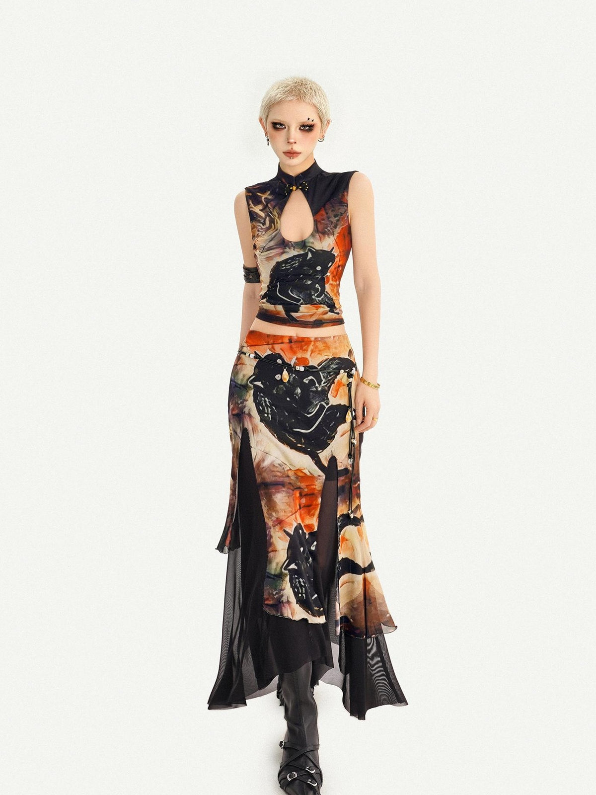 Nico Molly Oriental Ink Wash Print Double Layer Mesh Women&