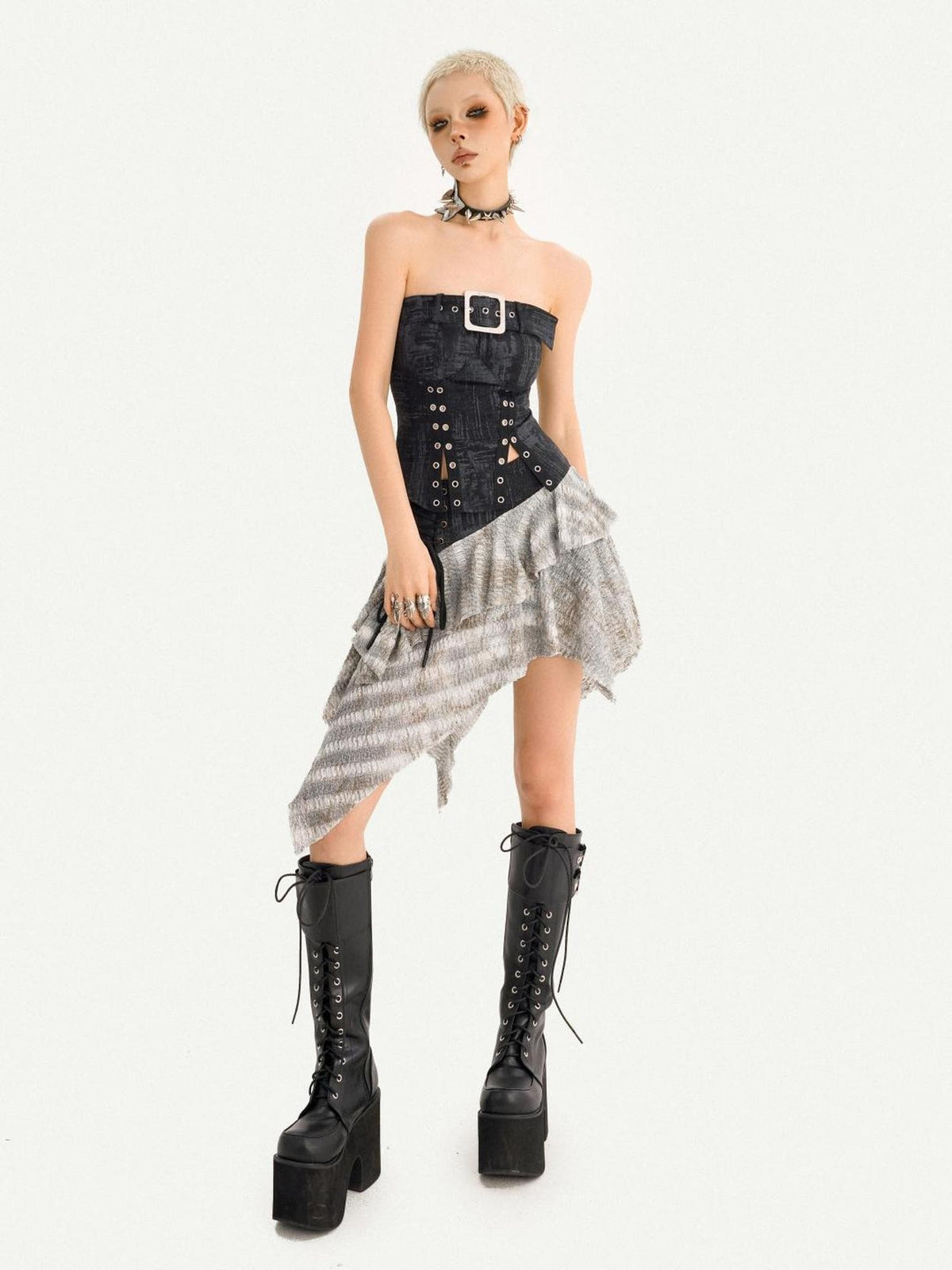 Nico Molly Patchwork Asymmetric High Waist Side Zipper Women&