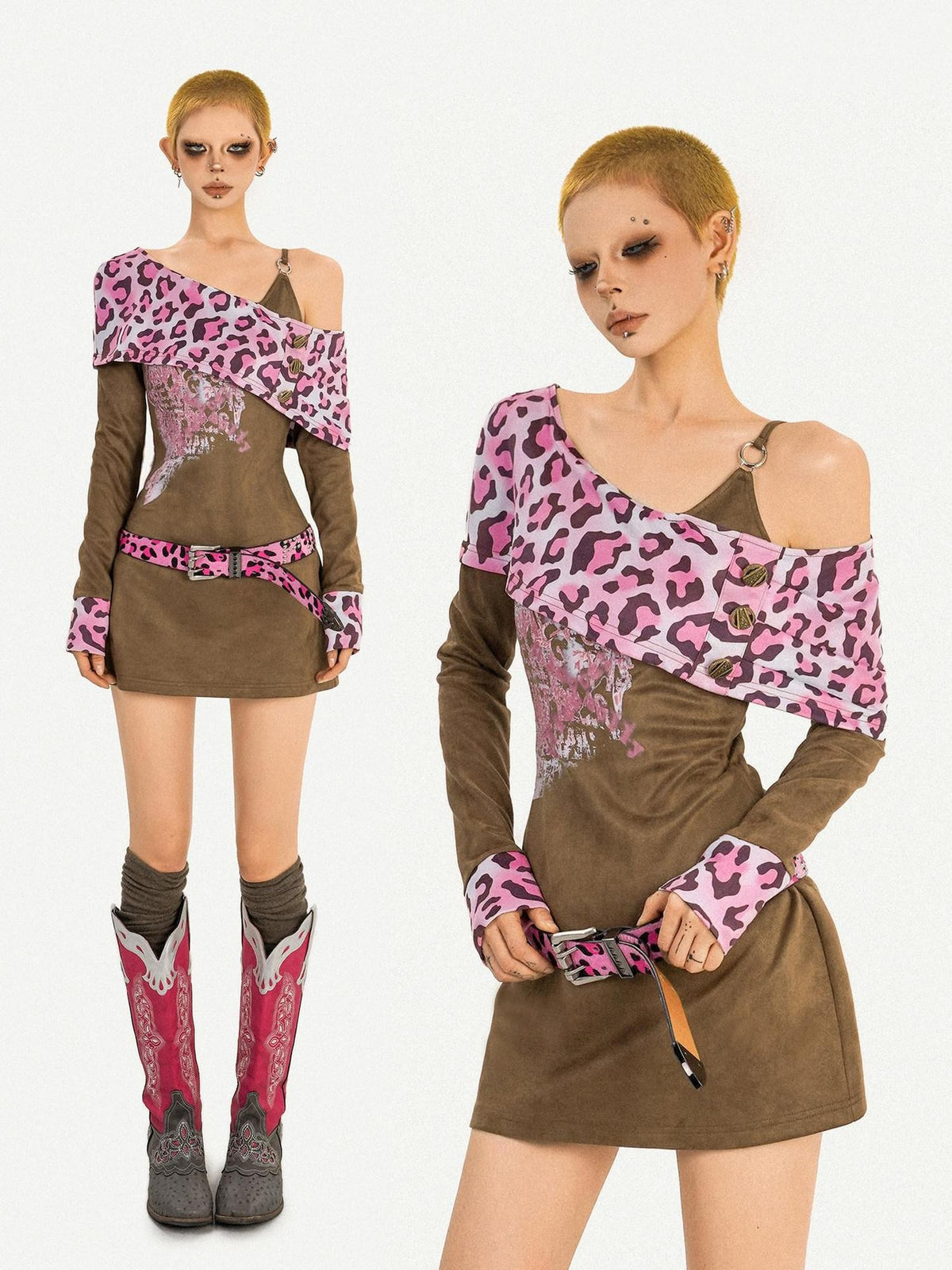 Nico Molly Pink Leopard Patchwork A Line Long Sleeve Two Piece Women&
