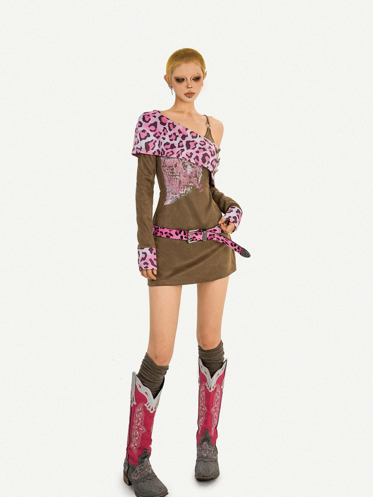Nico Molly Pink Leopard Patchwork A Line Long Sleeve Two Piece Women&