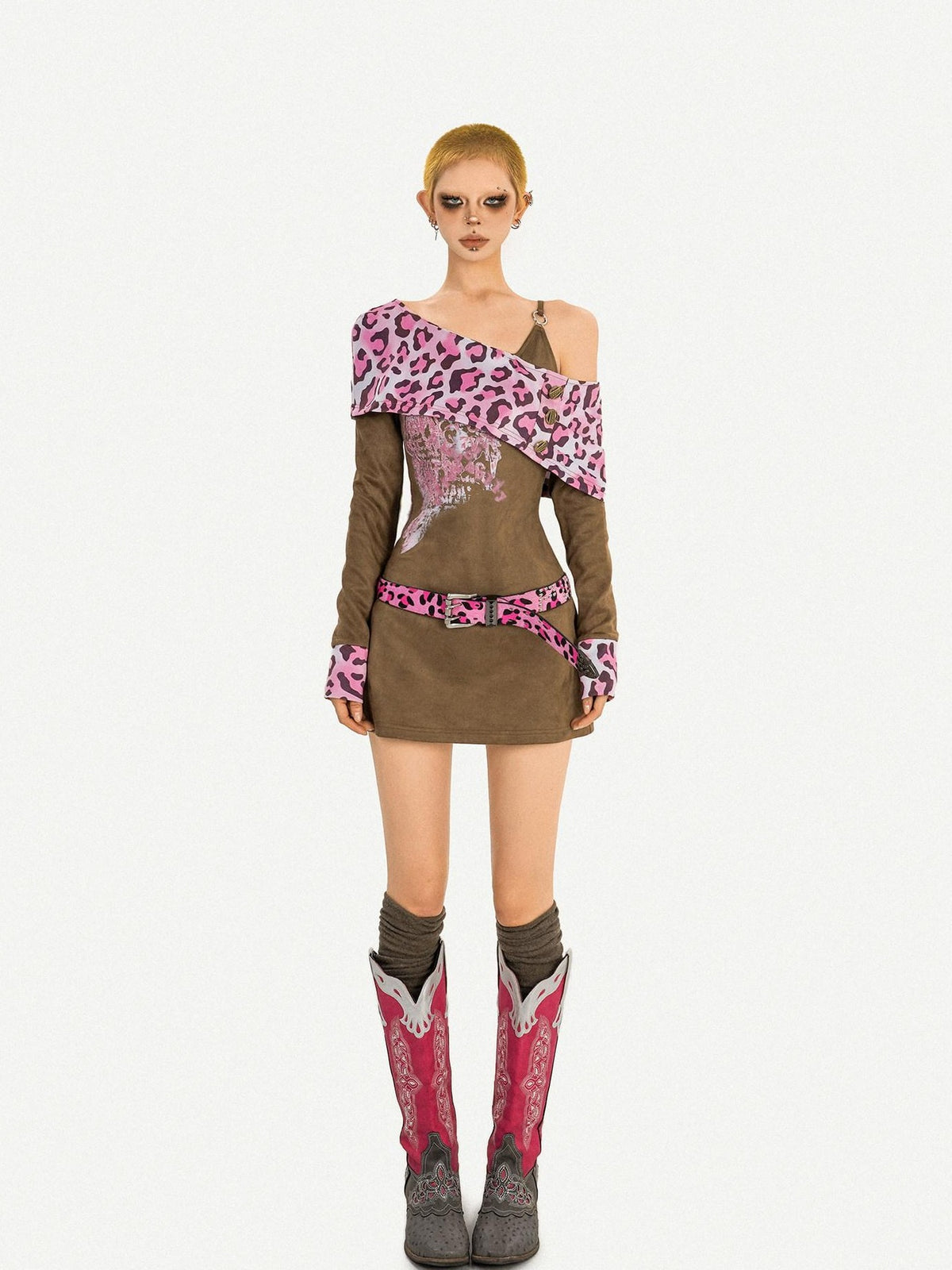 Nico Molly Pink Leopard Patchwork A Line Long Sleeve Two Piece Women&