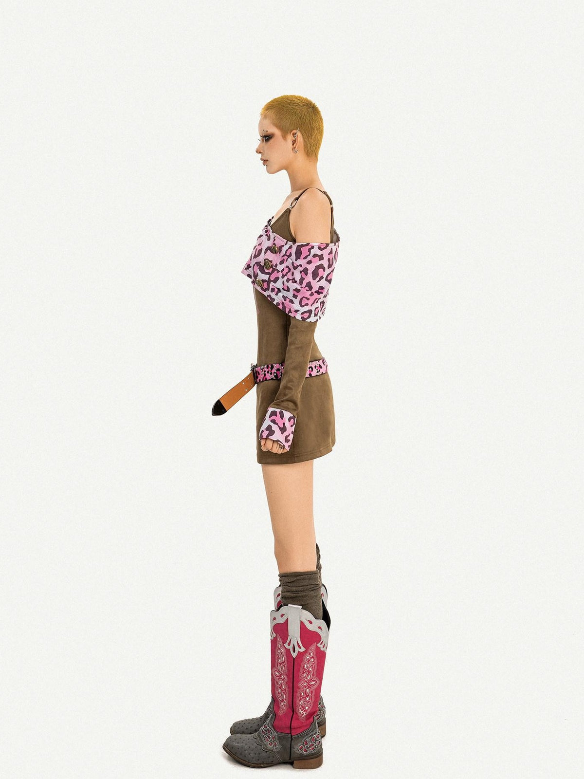 Nico Molly Pink Leopard Patchwork A Line Long Sleeve Two Piece Women&