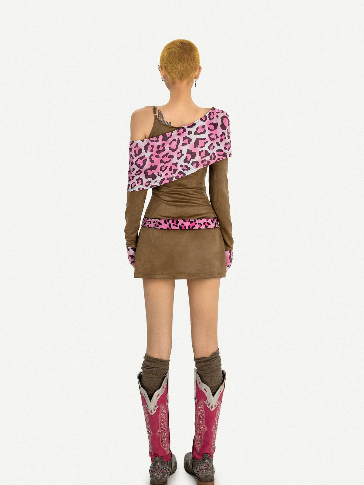 Nico Molly Pink Leopard Patchwork A Line Long Sleeve Two Piece Women&