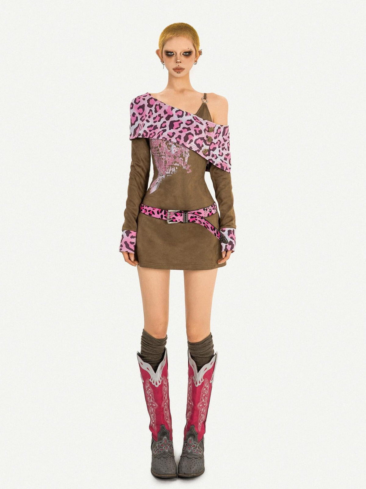 Nico Molly Pink Leopard Patchwork A Line Long Sleeve Two Piece Women&