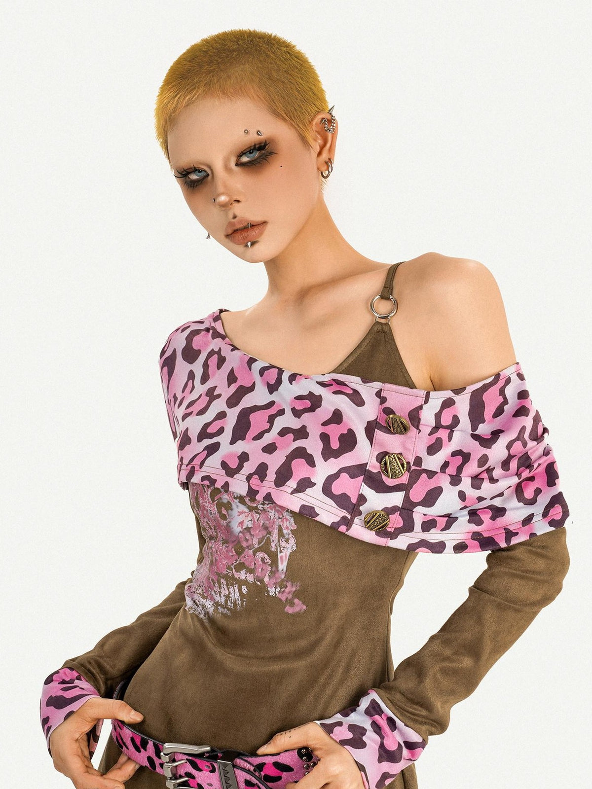 Nico Molly Pink Leopard Patchwork A Line Long Sleeve Two Piece Women&