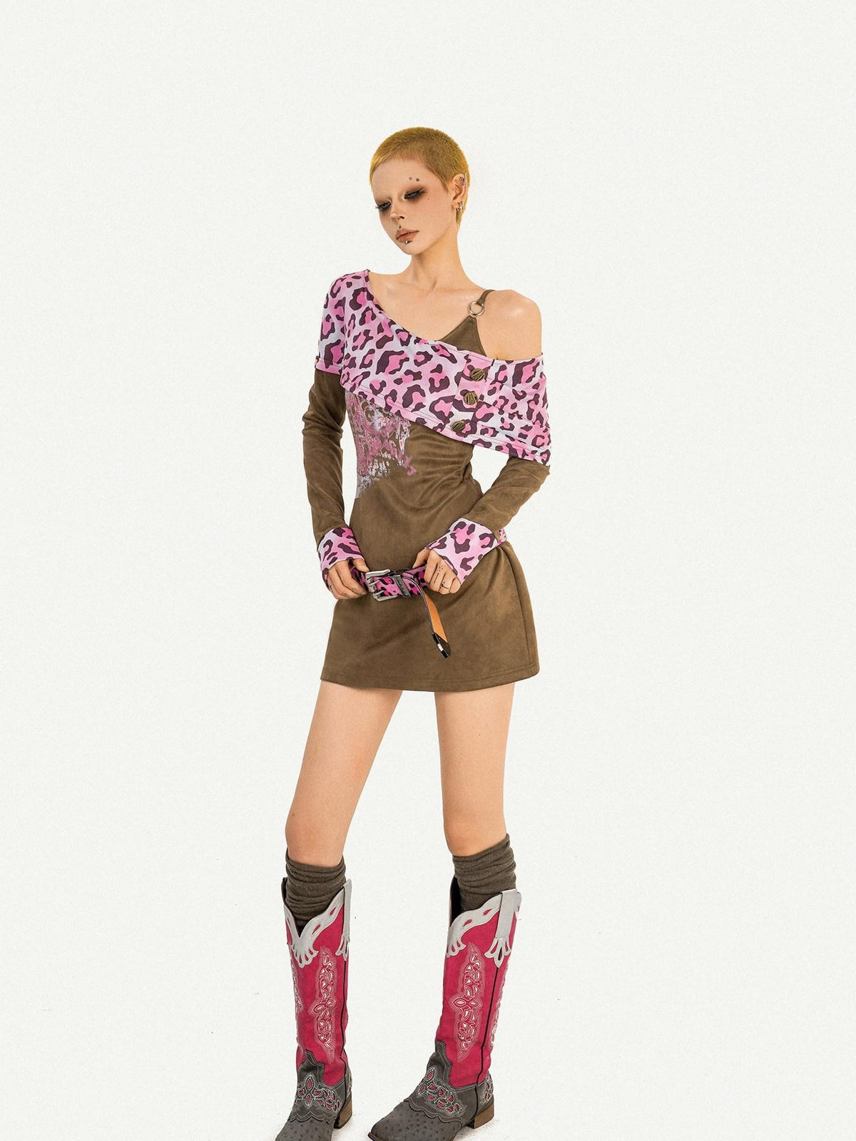 Nico Molly Pink Leopard Patchwork A Line Long Sleeve Two Piece Women&