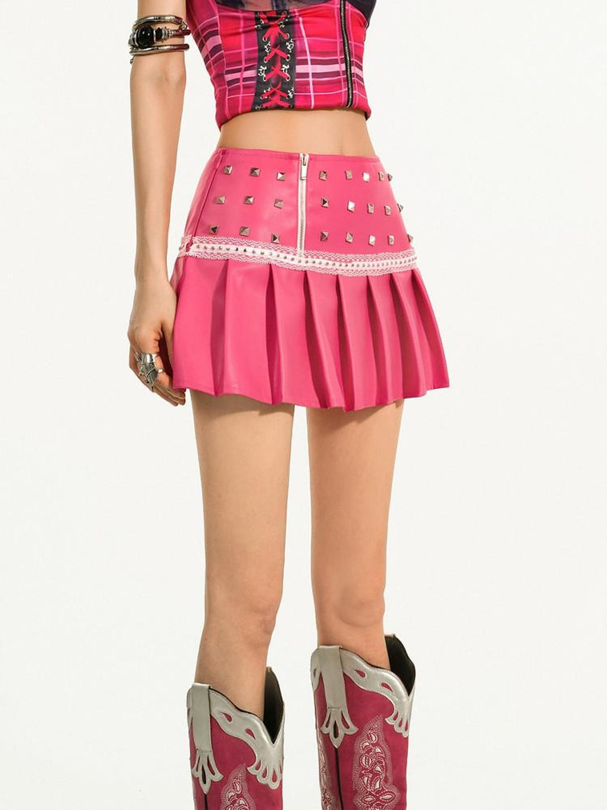 Nico Molly Pink Pleated Studded Embroidered A Line Women&
