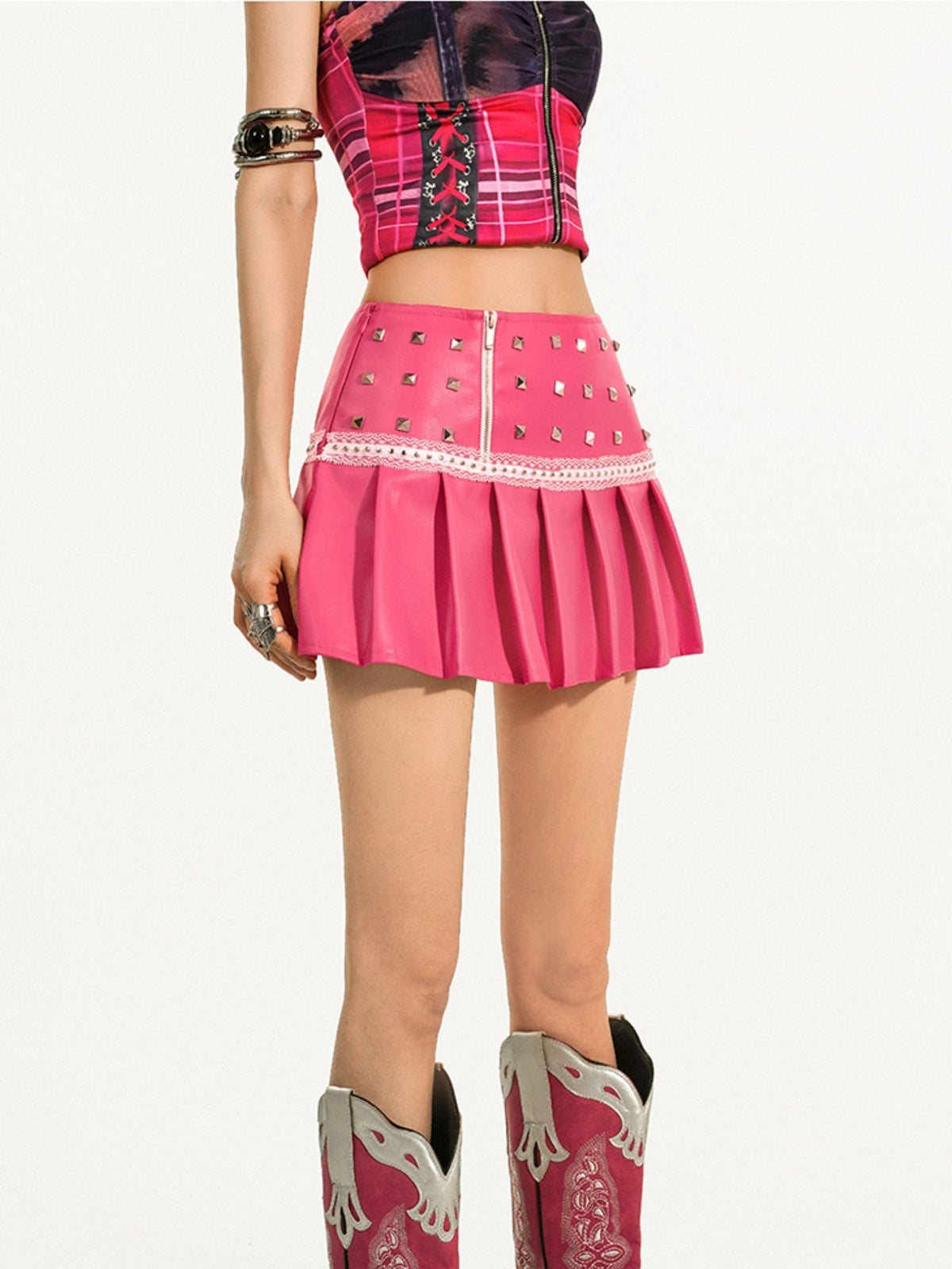 Nico Molly Pink Pleated Studded Embroidered A Line Women&