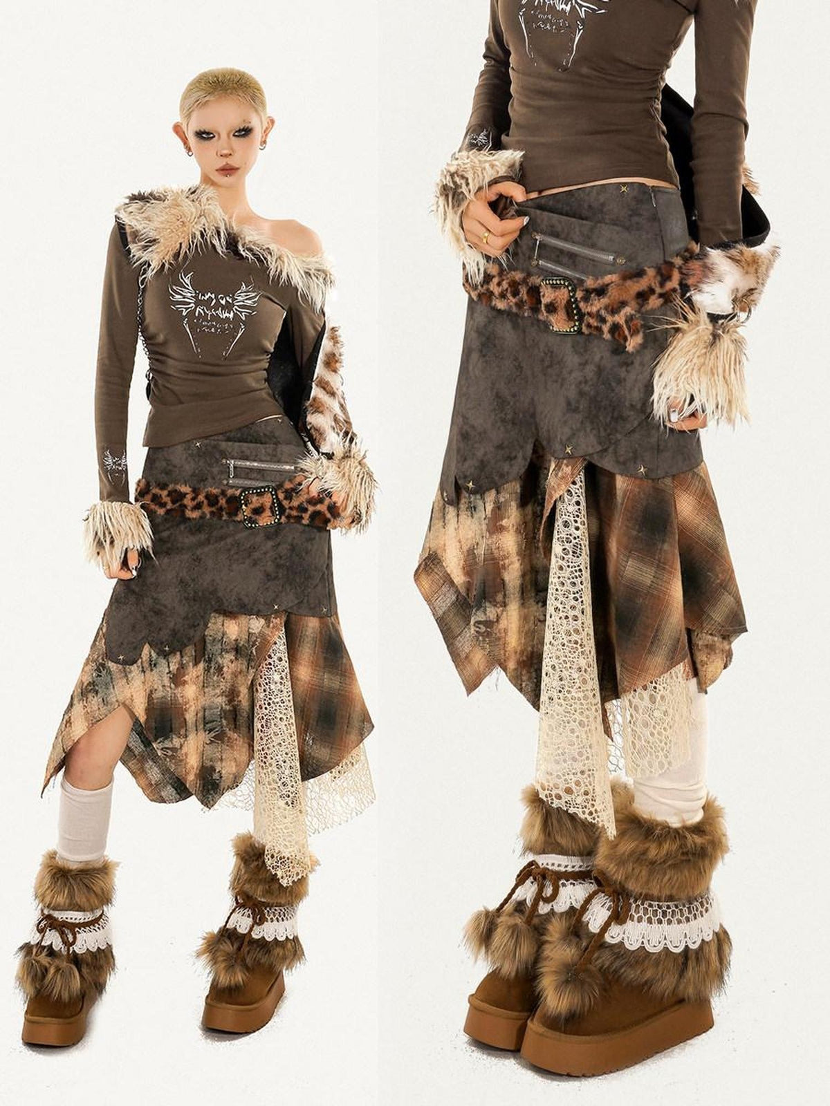 Nico Molly Plaid Patchwork Irregular Layered High Waist Women&