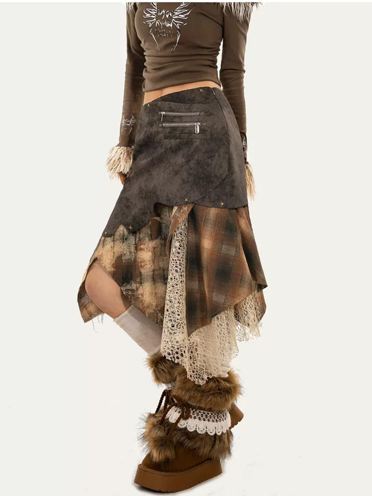 Nico Molly Plaid Patchwork Irregular Layered High Waist Women&