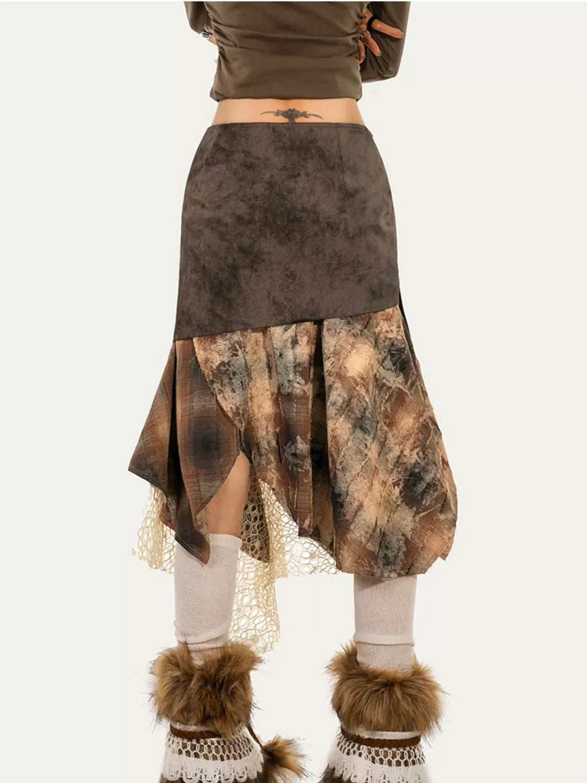 Nico Molly Plaid Patchwork Irregular Layered High Waist Women&