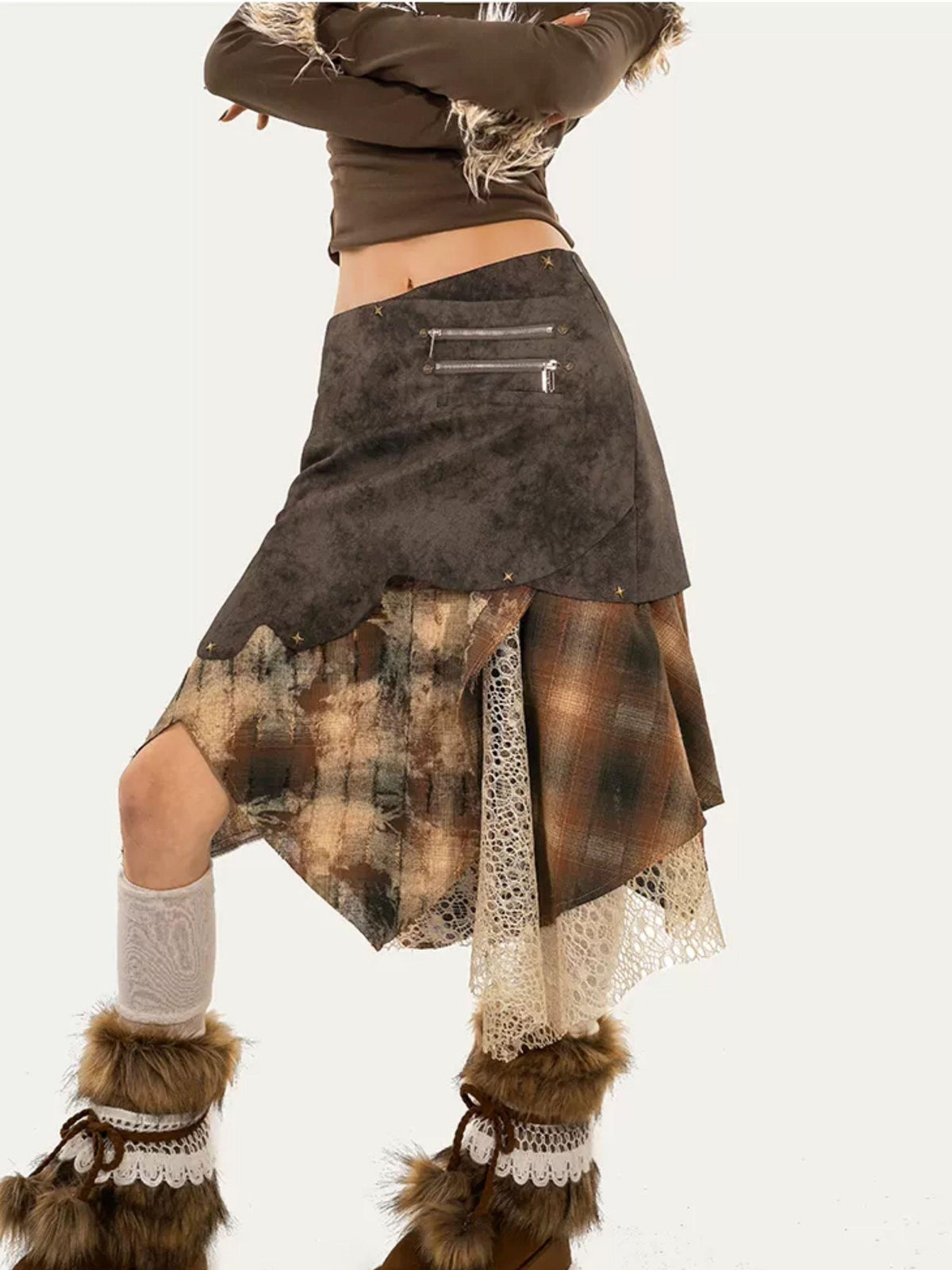Nico Molly Plaid Patchwork Irregular Layered High Waist Women&