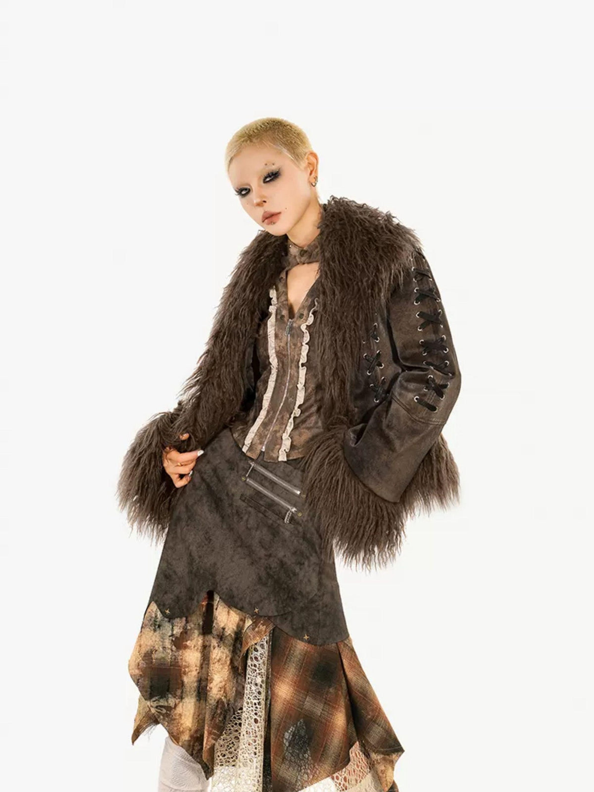 Nico Molly Plaid Patchwork Irregular Layered High Waist Women&