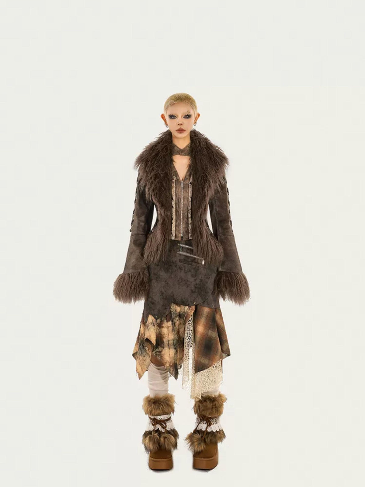Nico Molly Plaid Patchwork Irregular Layered High Waist Women&