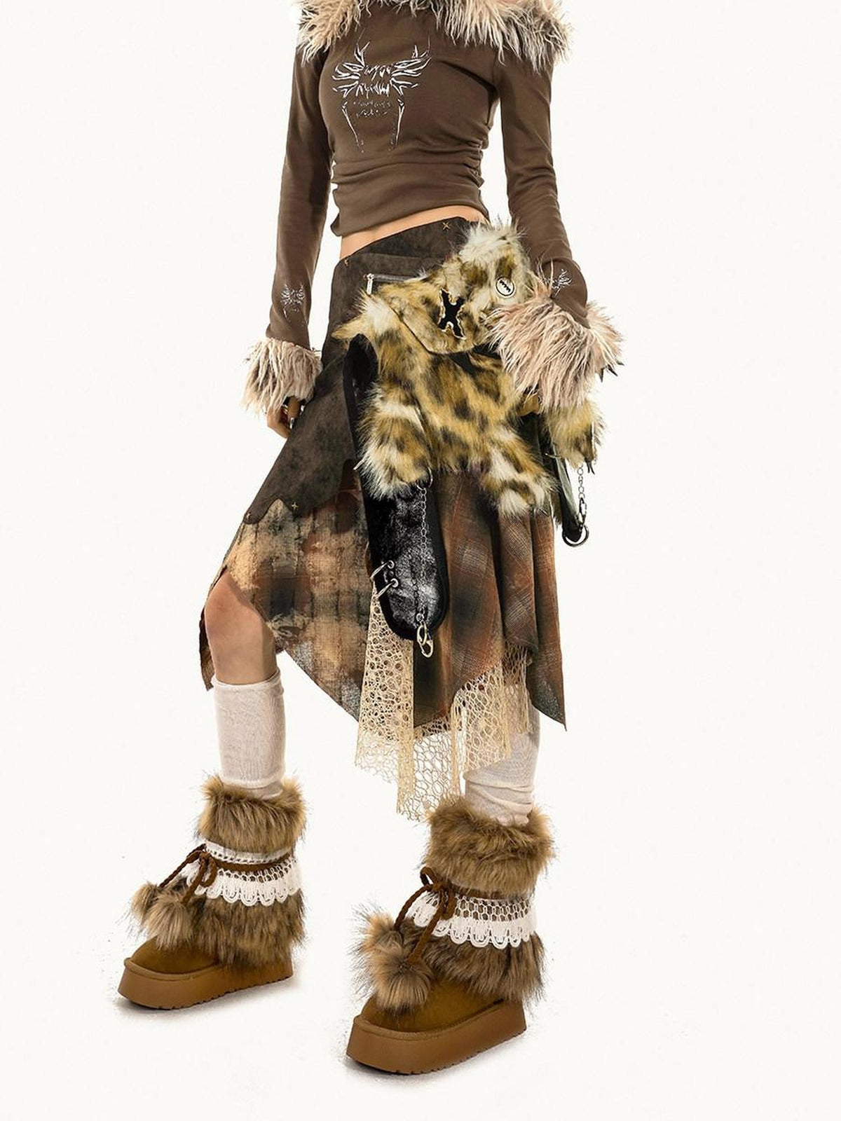 Nico Molly Plaid Patchwork Irregular Layered High Waist Women&