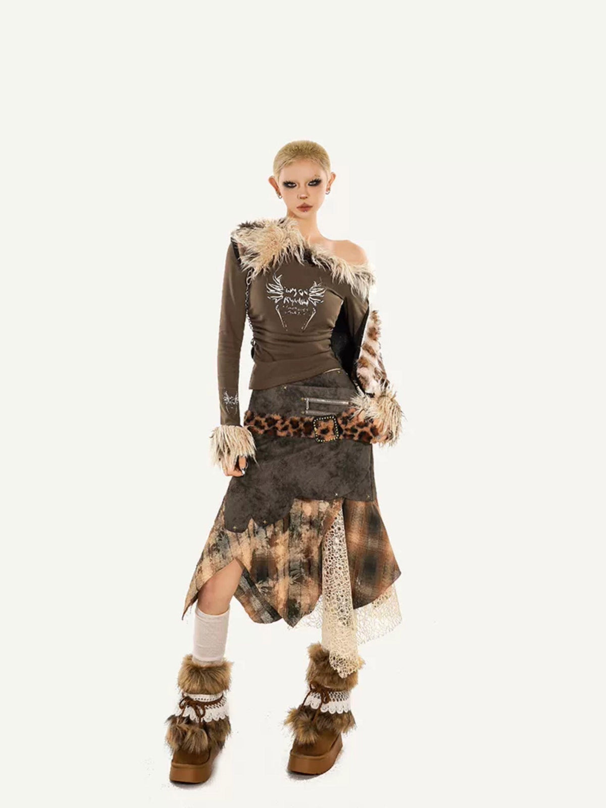 Nico Molly Plaid Patchwork Irregular Layered High Waist Women&