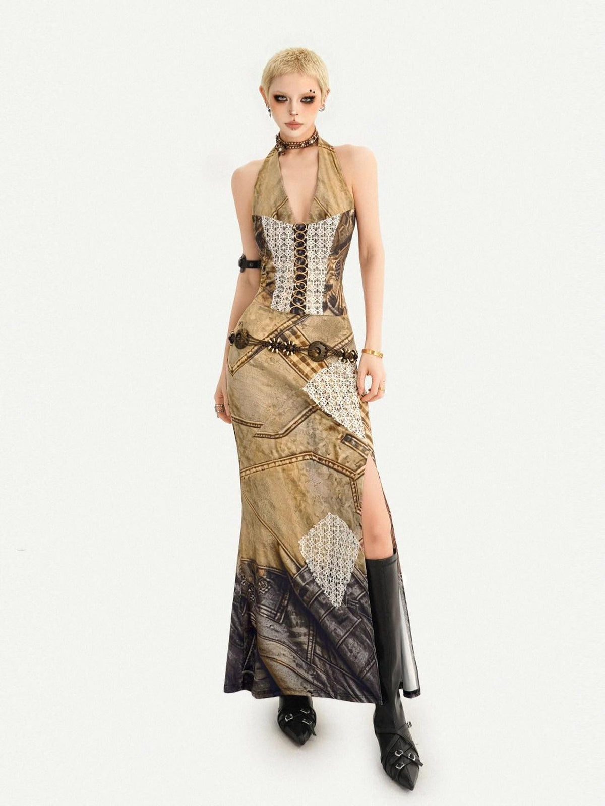 Nico Molly Post Apocalyptic Patchwork Lace Halter V-neck Women&