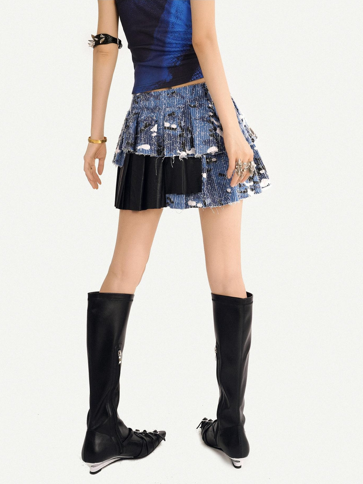 Nico Molly Punk Patchwork Pleated Metal Ring High Waist Women&
