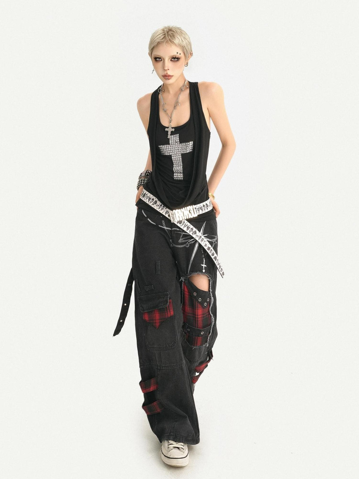 Nico Molly Punk Ripped Distressed U Neck A Line Narrow Strap Women&