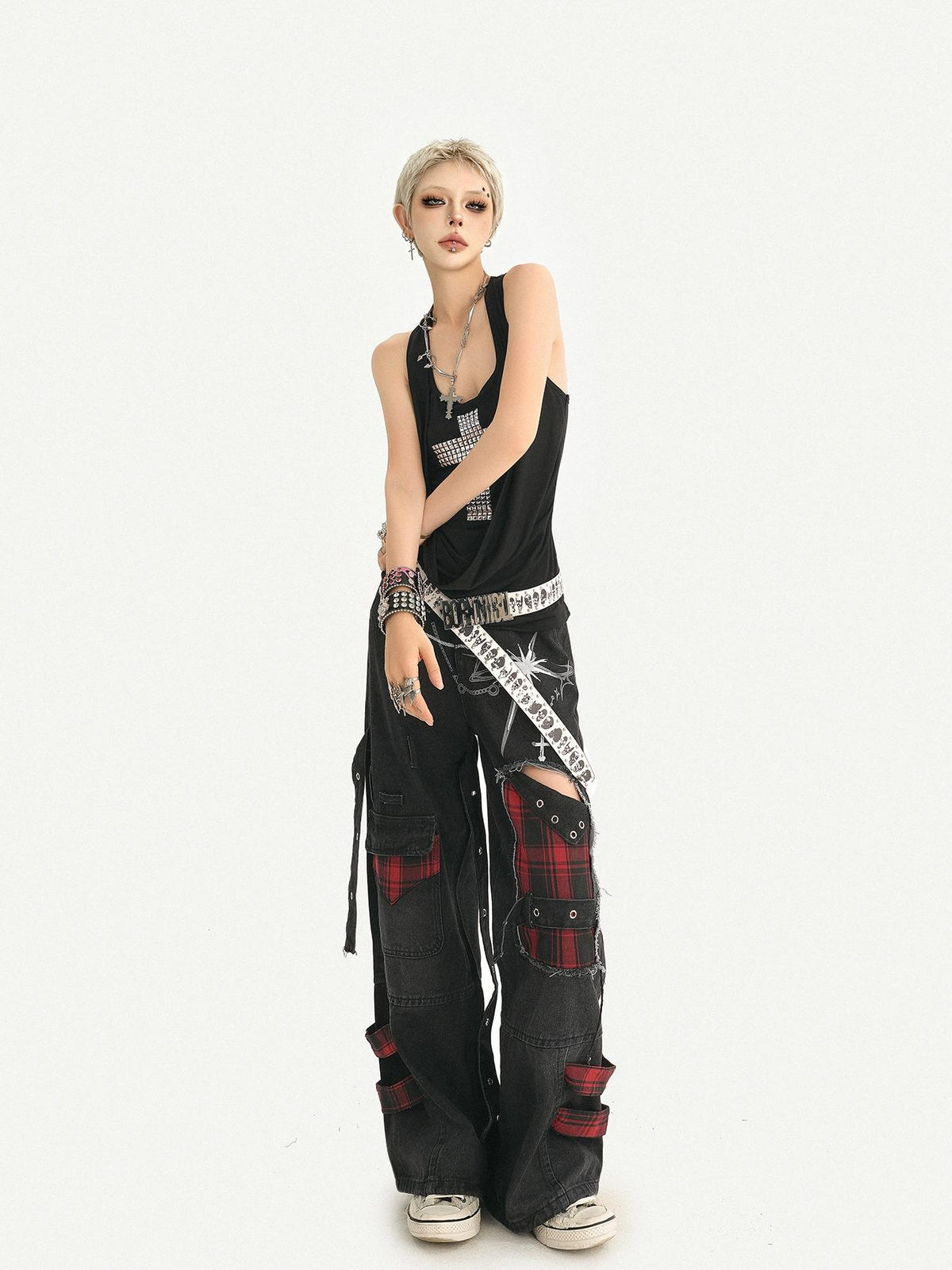 Nico Molly Punk Ripped Distressed U Neck A Line Narrow Strap Women&