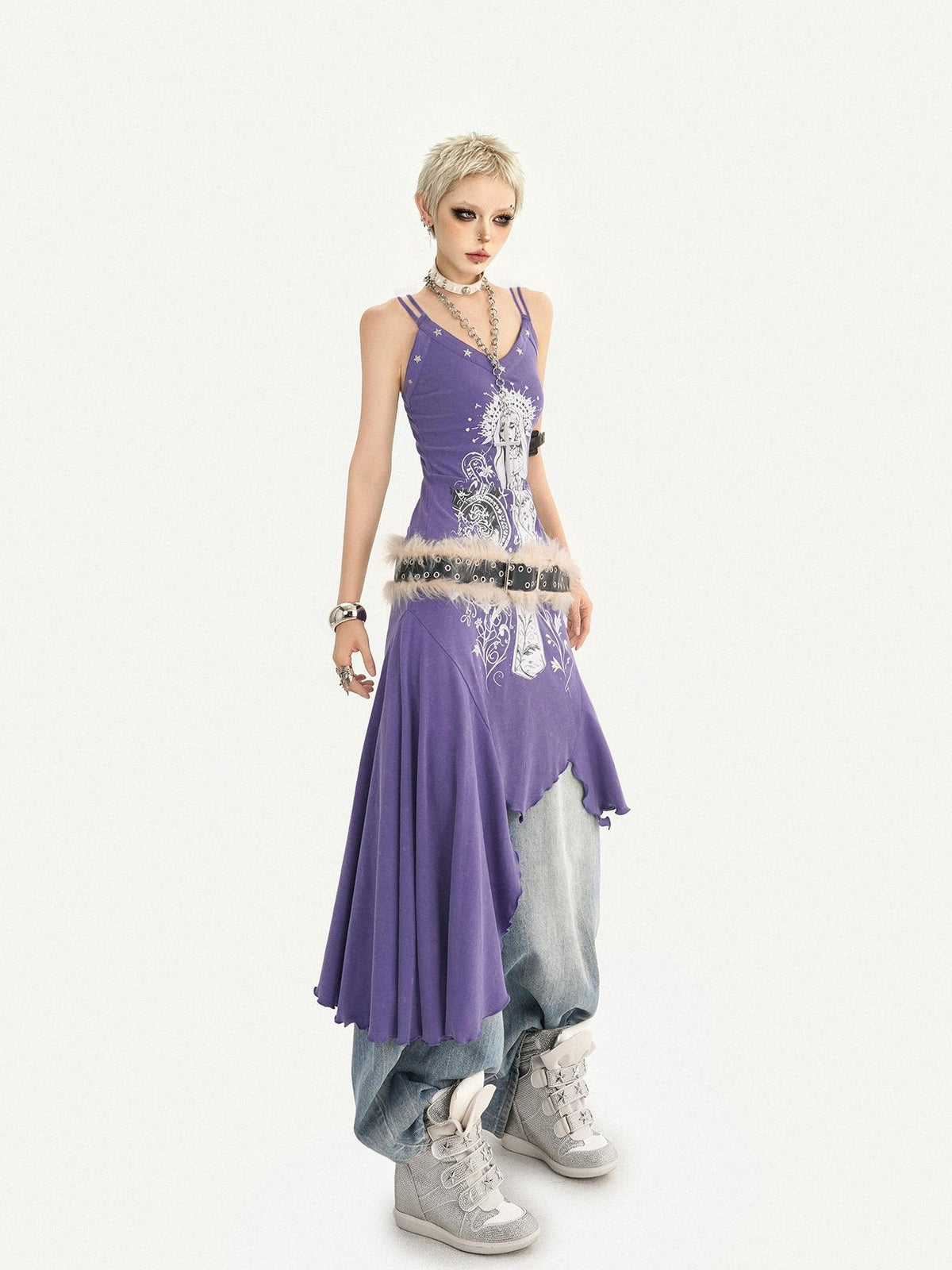 Nico Molly Purple Gothic Printed Asymmetric Hem Spaghetti Strap Women&