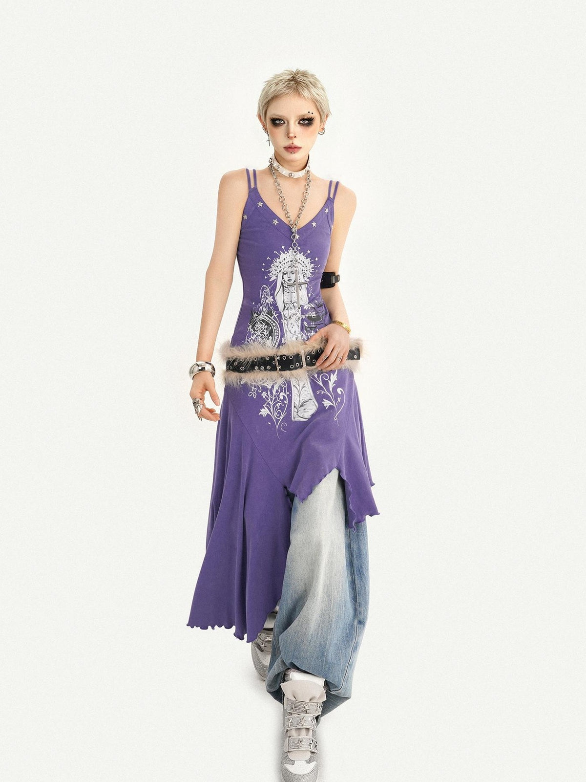 Nico Molly Purple Gothic Printed Asymmetric Hem Spaghetti Strap Women&