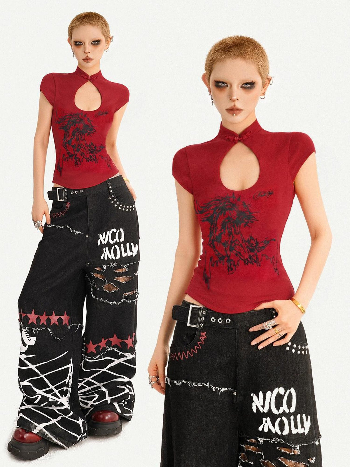 Nico Molly Red Animal Print Stand Collar Chinese Cheongsam Inspired Women&