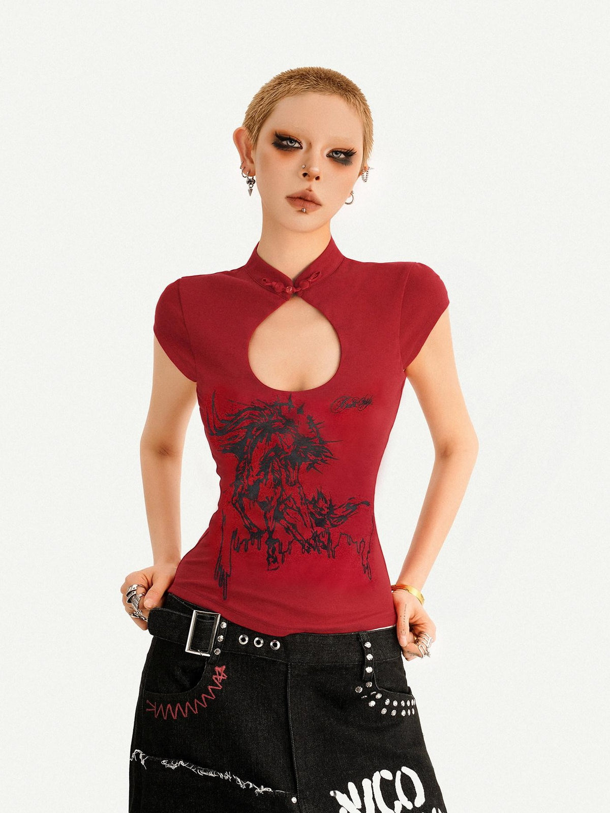 Nico Molly Red Animal Print Stand Collar Chinese Cheongsam Inspired Women&