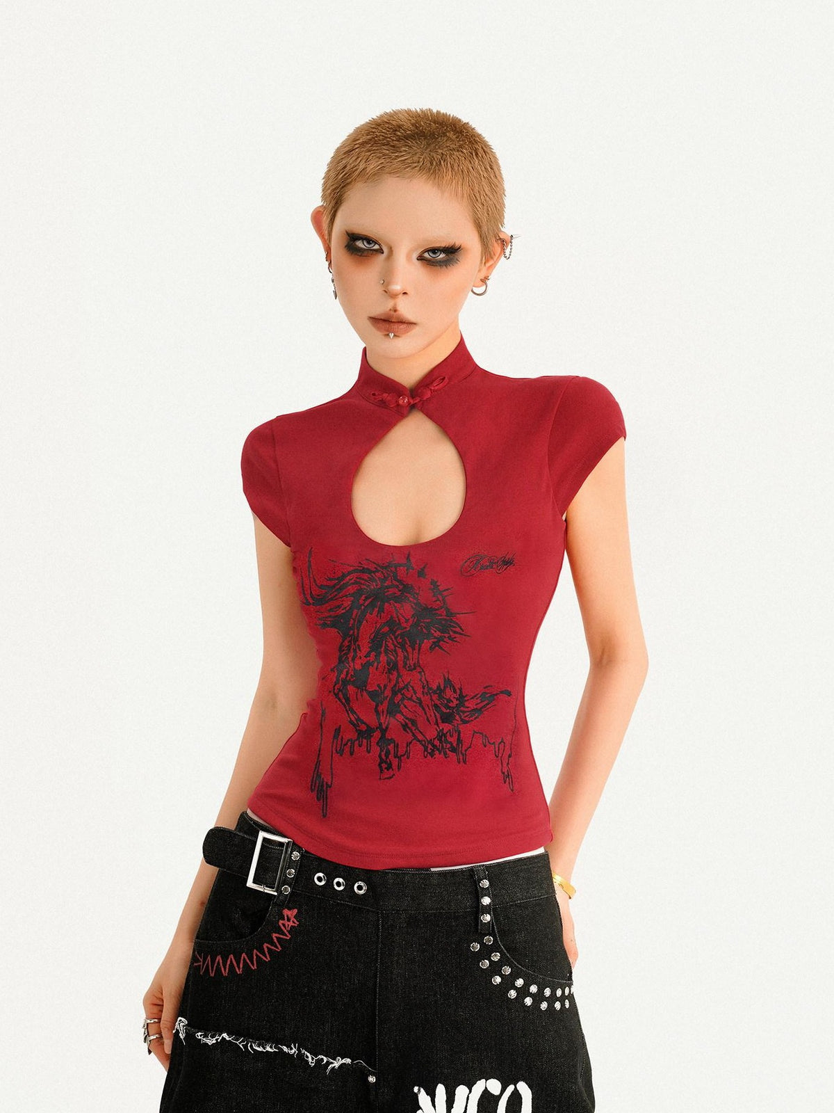 Nico Molly Red Animal Print Stand Collar Chinese Cheongsam Inspired Women&