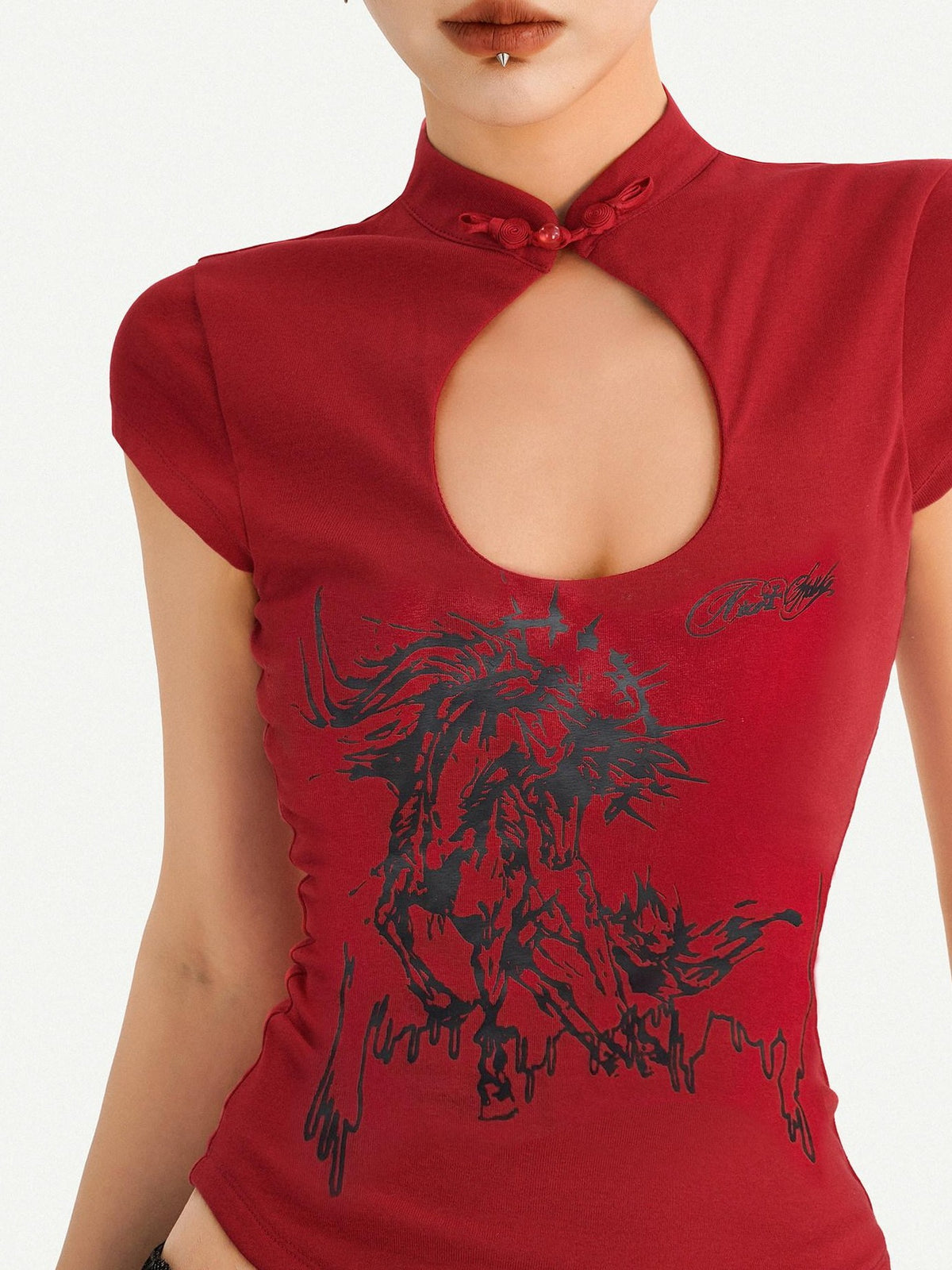 Nico Molly Red Animal Print Stand Collar Chinese Cheongsam Inspired Women&