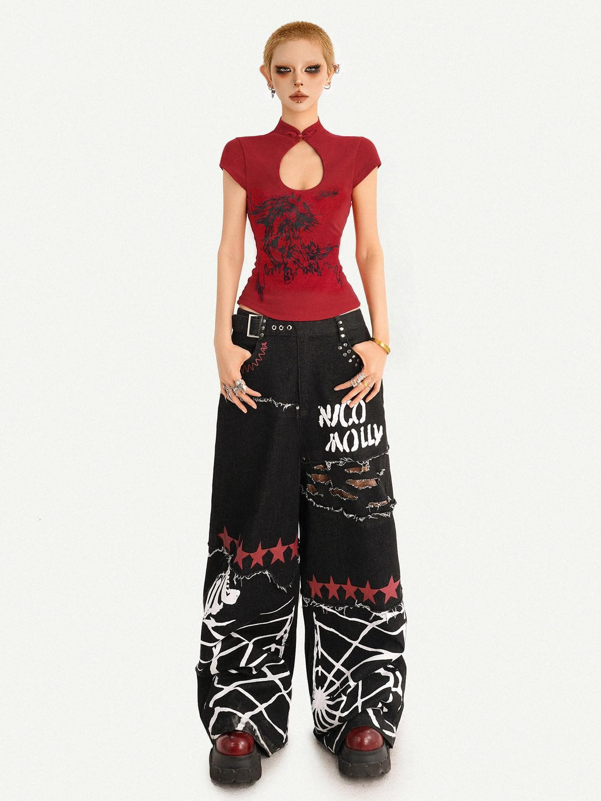 Nico Molly Red Animal Print Stand Collar Chinese Cheongsam Inspired Women&