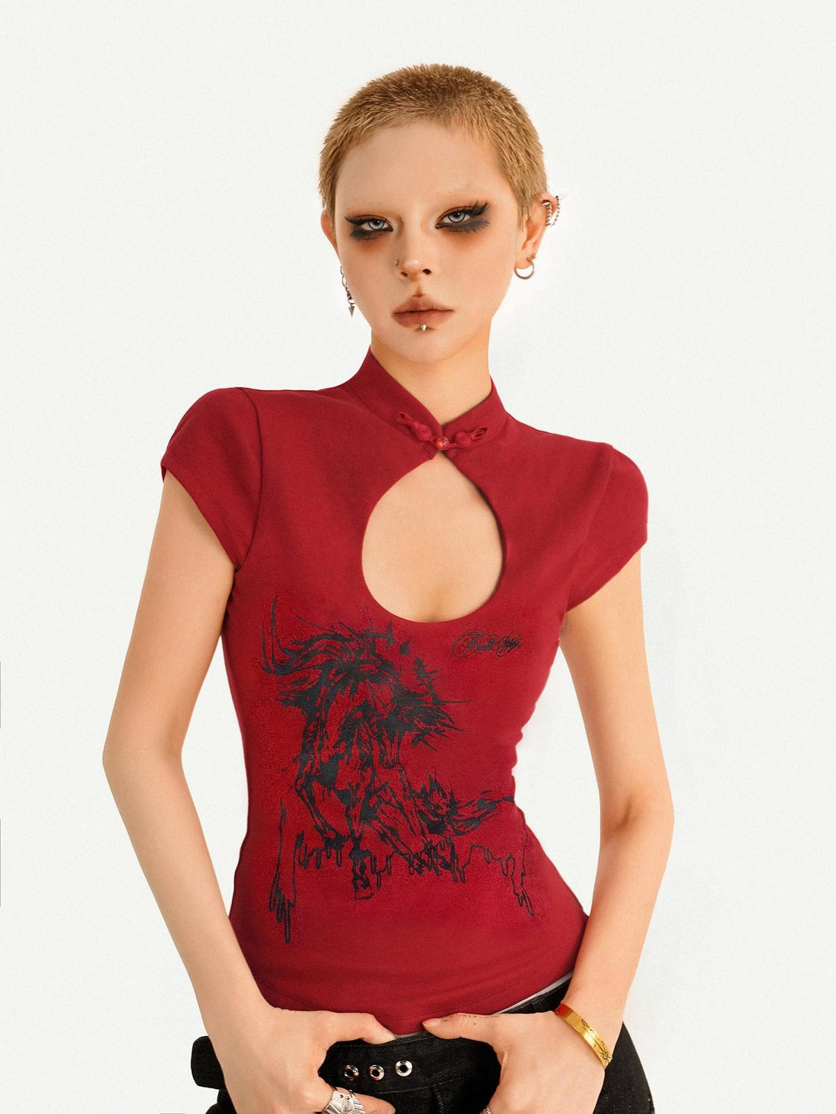 Nico Molly Red Animal Print Stand Collar Chinese Cheongsam Inspired Women&