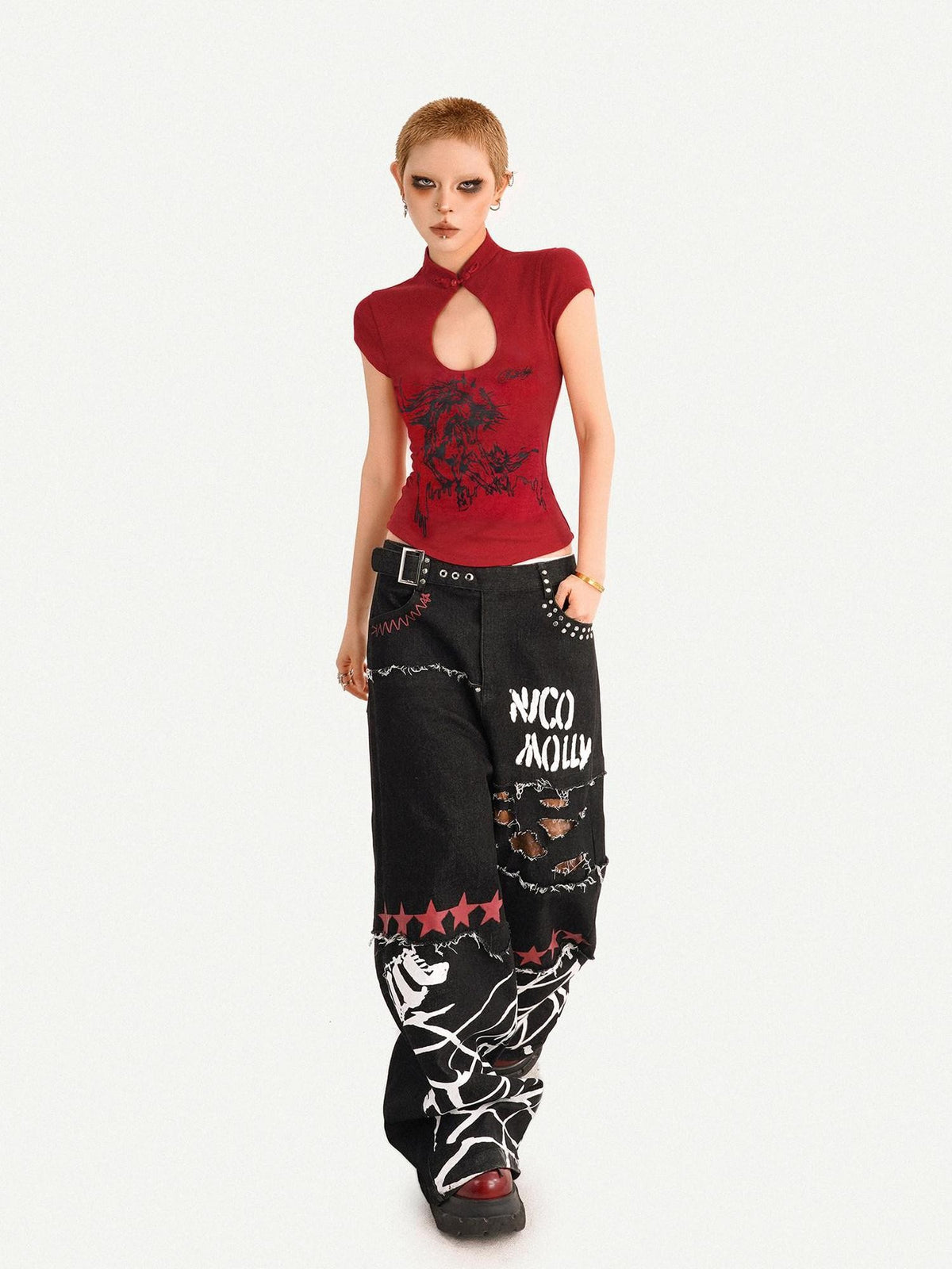 Nico Molly Red Animal Print Stand Collar Chinese Cheongsam Inspired Women&